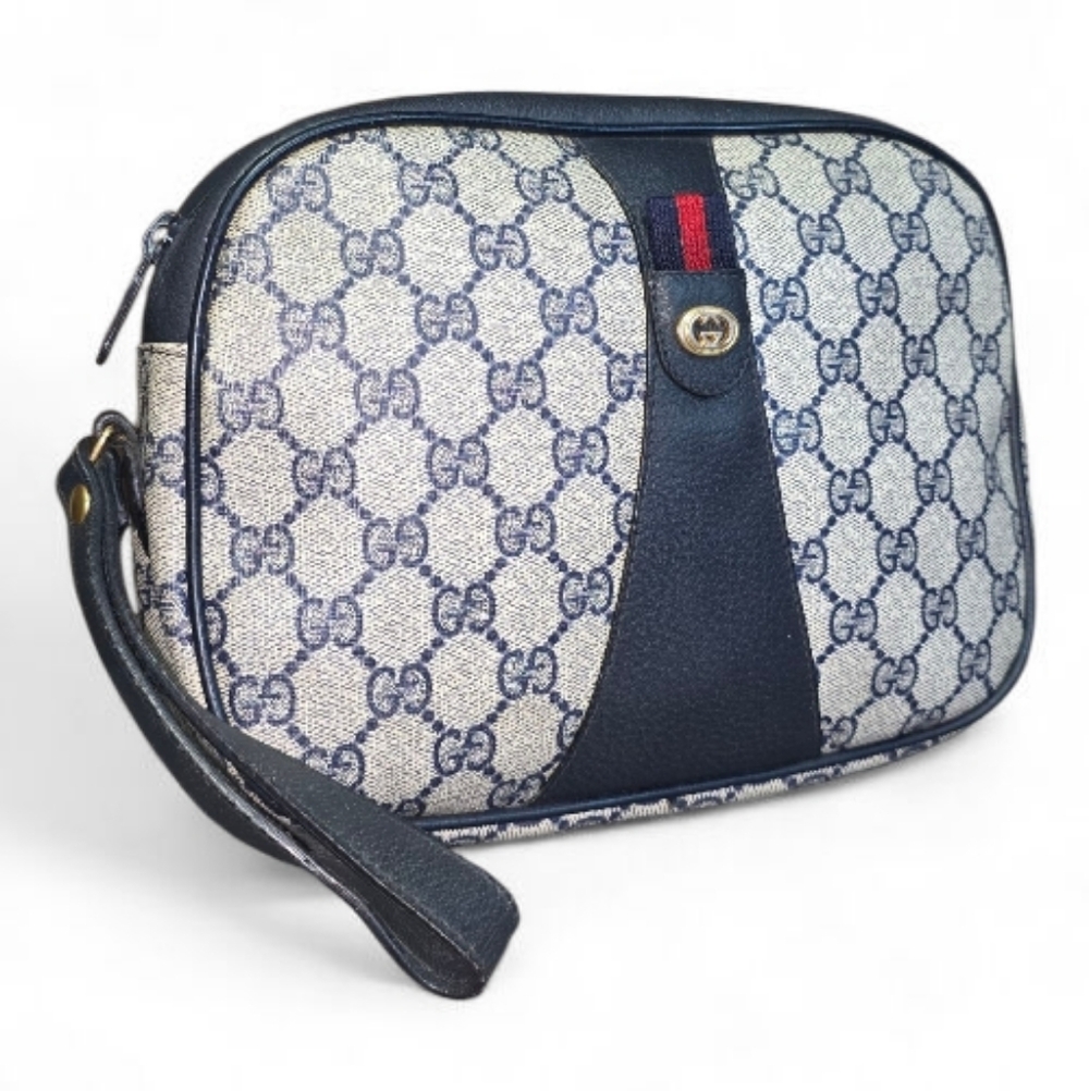 GUCCI GG Canvas Sherry Line Clutch Bag Gray Red Navy